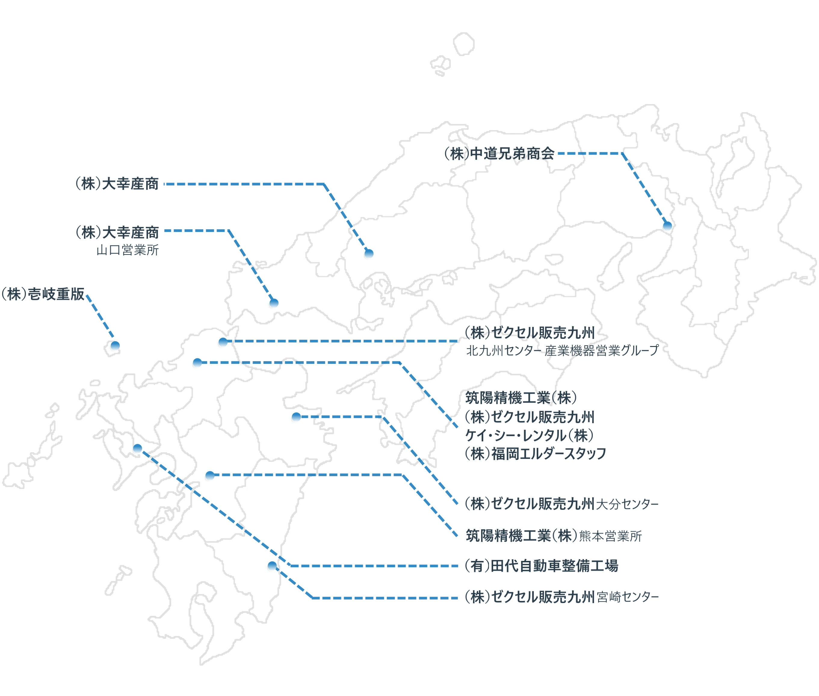 九州の地図：各グループ会社の所在地が記されている